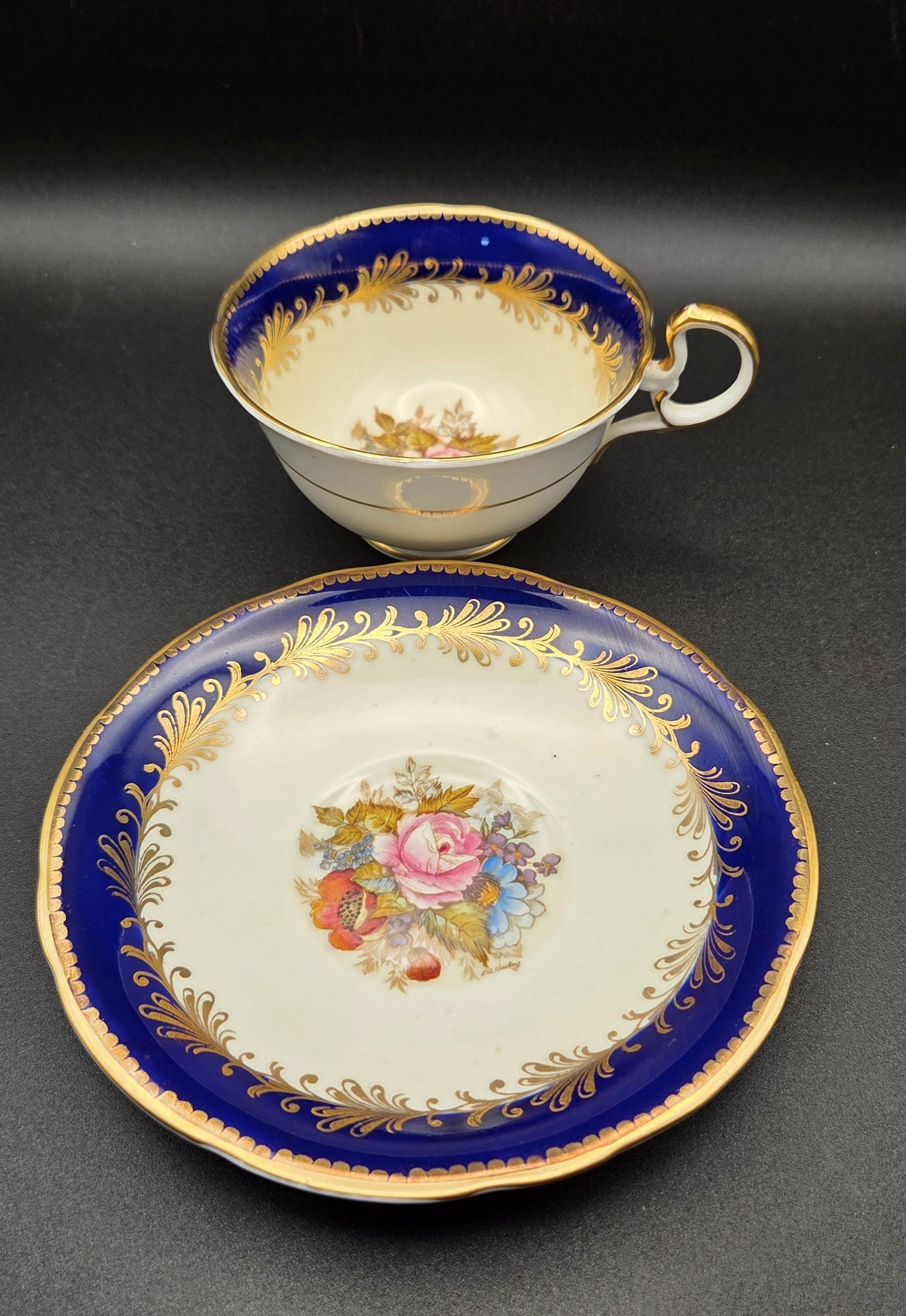 Vintage Aynsley England Fine Bone China Teacup & Saucer Set - Cobalt Blue & Gold POS Nerds
