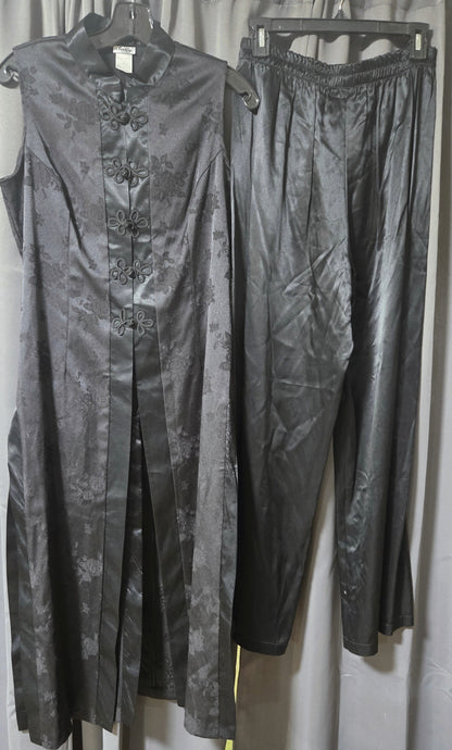 Vintage Sally USA Black Brocade Mandarin Collar Long Tunic & Pant Set Size L POS Nerds