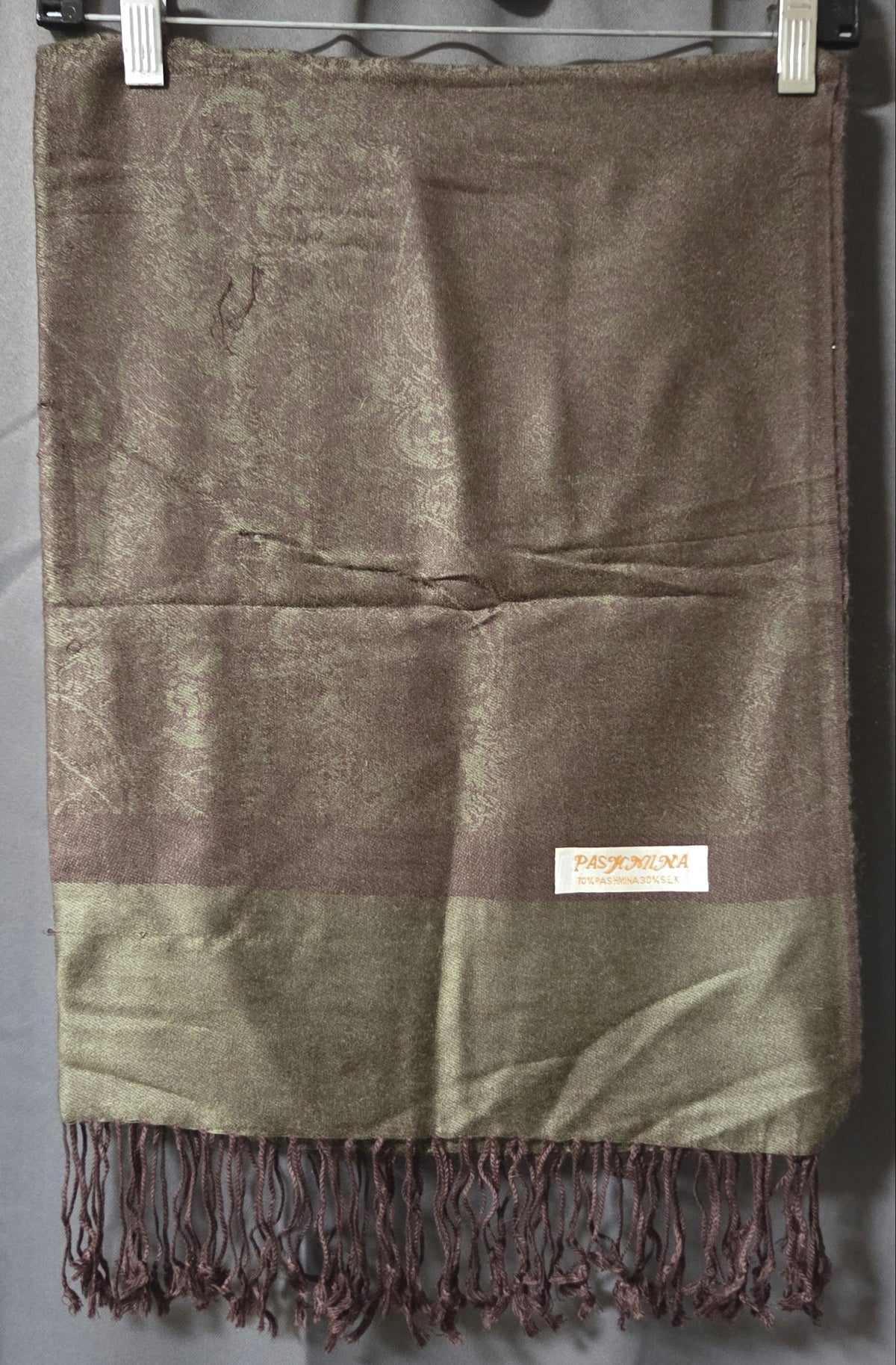 VTG Reversible Jacquard Paisley Pashmina Shawl / Scarf Brown & Olive with Fringe POS Nerds