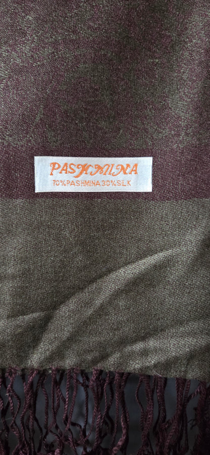 VTG Reversible Jacquard Paisley Pashmina Shawl / Scarf Brown & Olive with Fringe POS Nerds