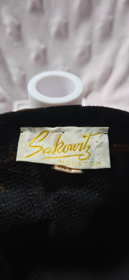 Vintage Sakowitz Houston Black Velvet Gold Metallic Turban Pillbox Hat Retro 60s POS Nerds
