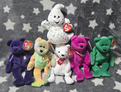 6-Vintage Ty Beanie Babies-Spooky, Princess, Peace, Millennium, Erin & 2000 Bear POS Nerds
