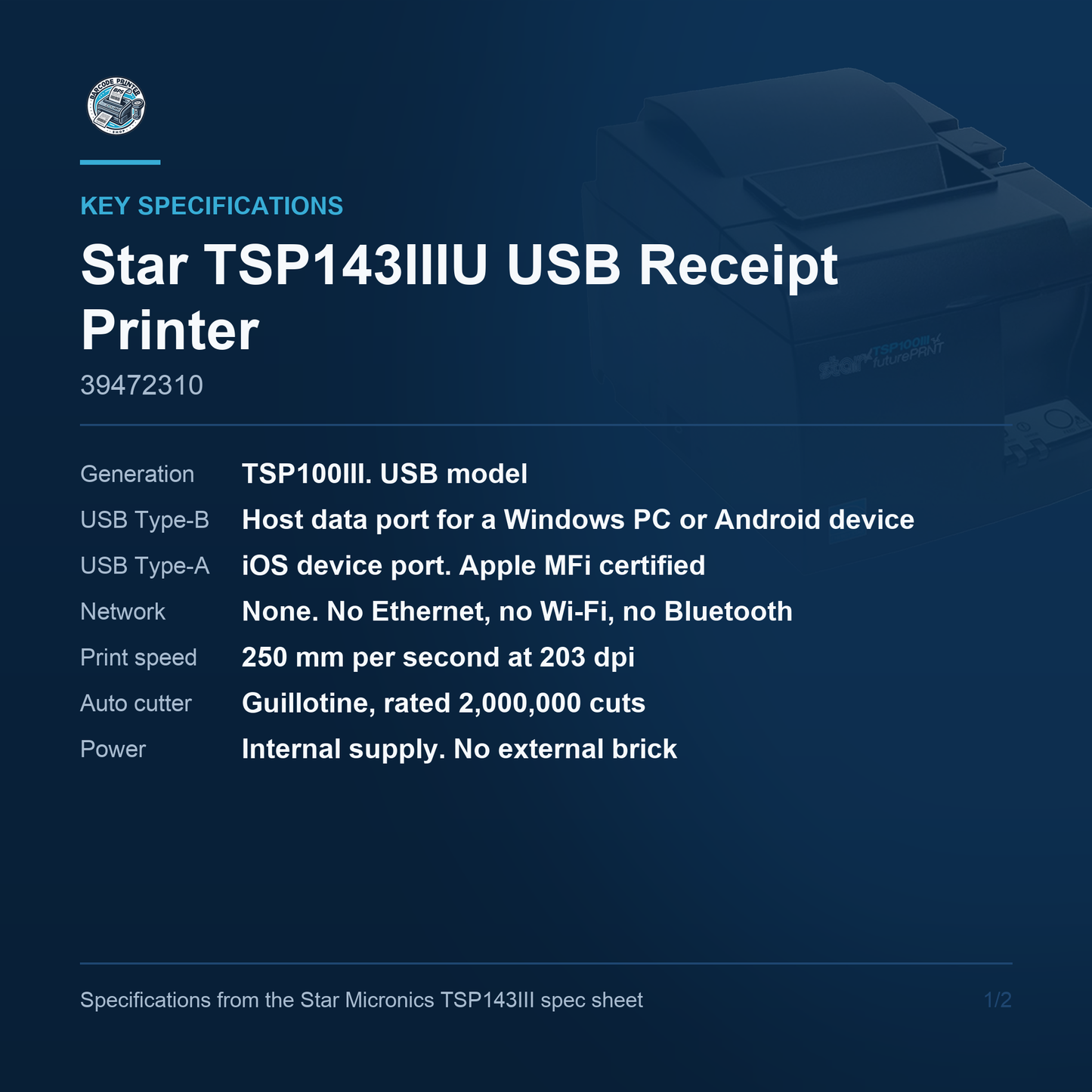 Star Micronics TSP143IIIU Thermal Receipt Printer 250 mm/sec USB iOS Auto Cutter Grey 39472310 Barcode Printer Shop