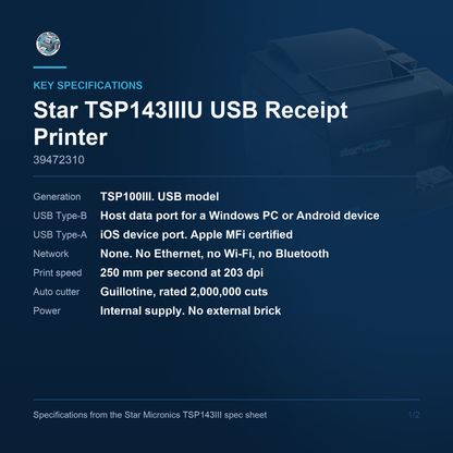 Star Micronics TSP143IIIU Thermal Receipt Printer 250 mm/sec USB iOS Auto Cutter Grey 39472310 Barcode Printer Shop