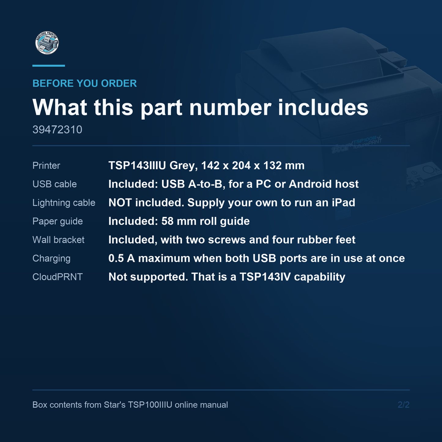 Star Micronics TSP143IIIU Thermal Receipt Printer 250 mm/sec USB iOS Auto Cutter Grey 39472310 Barcode Printer Shop