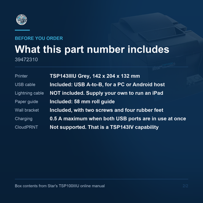 Star Micronics TSP143IIIU Thermal Receipt Printer 250 mm/sec USB iOS Auto Cutter Grey 39472310 Barcode Printer Shop