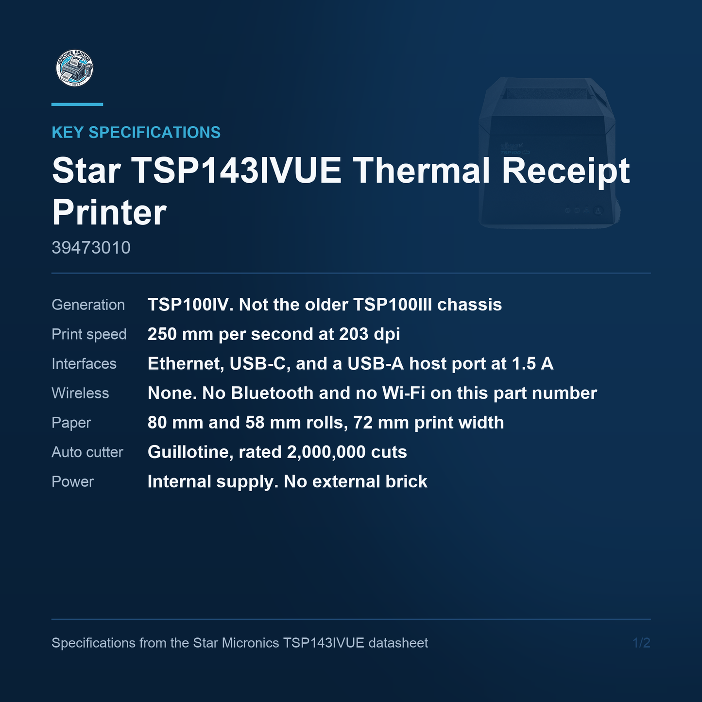 Star Micronics TSP143IVUE Thermal Receipt Printer 250 mm/sec USB-C Ethernet Auto Cutter Grey 39473010 Barcode Printer Shop