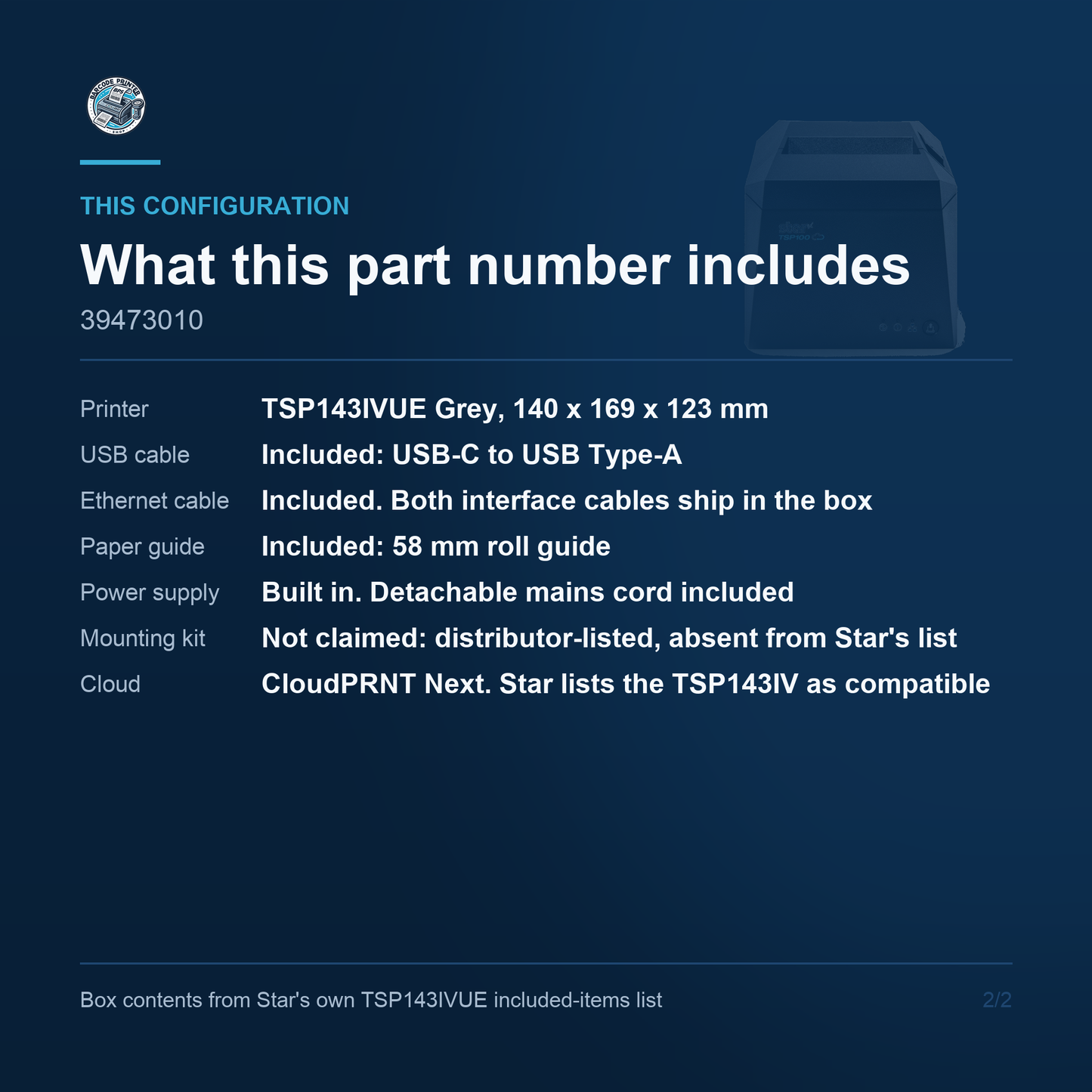 Star Micronics TSP143IVUE Thermal Receipt Printer 250 mm/sec USB-C Ethernet Auto Cutter Grey 39473010 Barcode Printer Shop