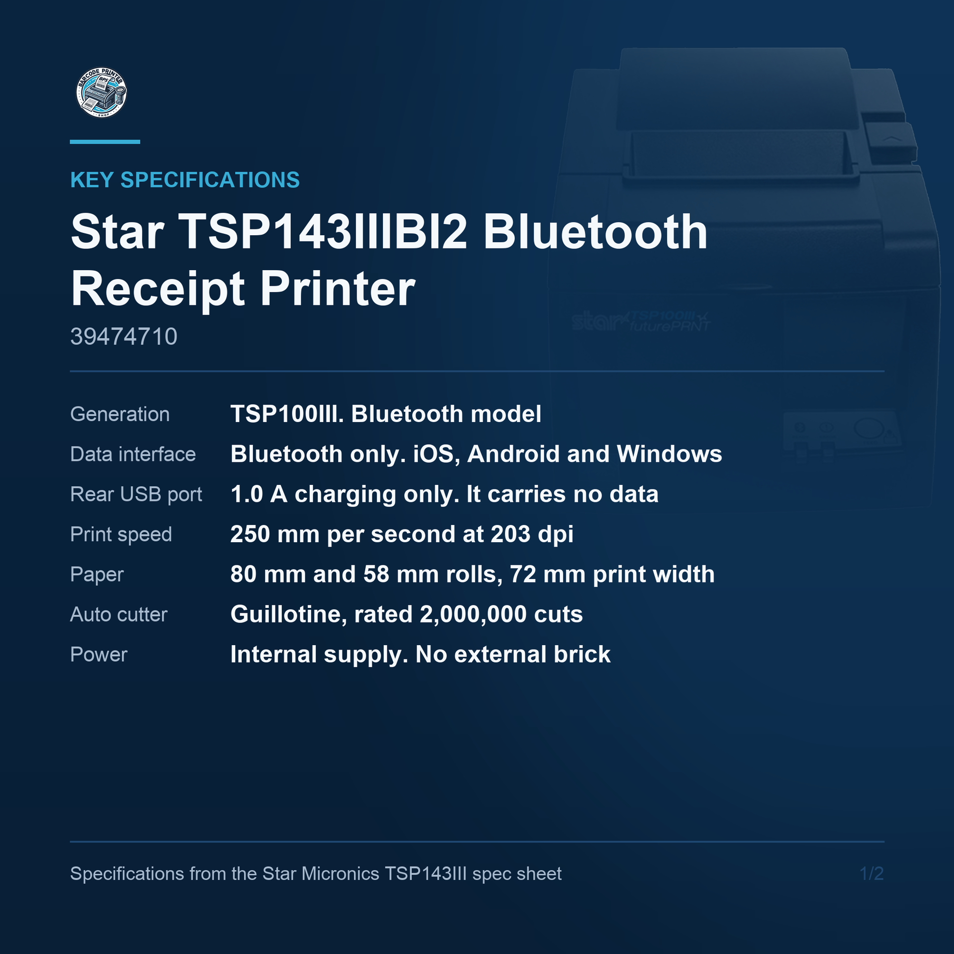 Star Micronics TSP143IIIBI2 Thermal Receipt Printer 250 mm/sec Bluetooth Auto Cutter Grey 39474710 Barcode Printer Shop