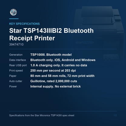 Star Micronics TSP143IIIBI2 Thermal Receipt Printer 250 mm/sec Bluetooth Auto Cutter Grey 39474710 Barcode Printer Shop