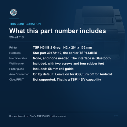 Star Micronics TSP143IIIBI2 Thermal Receipt Printer 250 mm/sec Bluetooth Auto Cutter Grey 39474710 Barcode Printer Shop