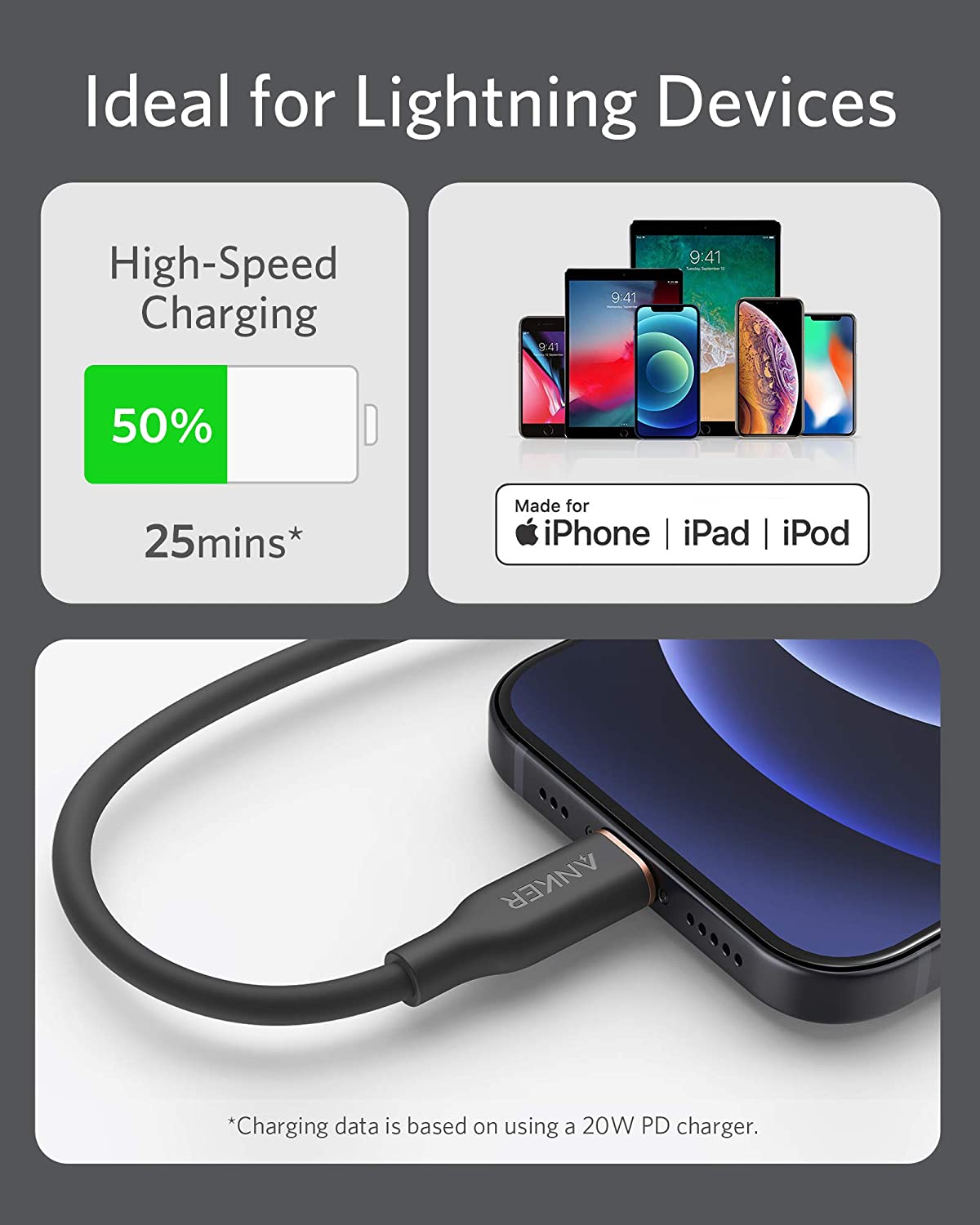 Anker <b>641</b> USB-C to Lightning Cable (Flow, 3 ft Silicone) Anker