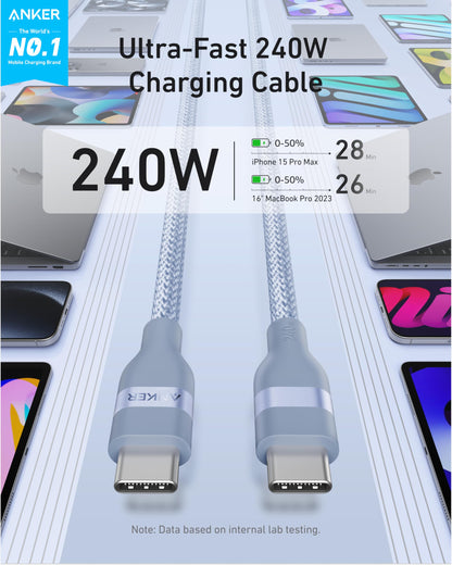 Anker USB-C to USB-C Cable (3 ft / 6 ft, 240W, Upcycled-Braided) Anker