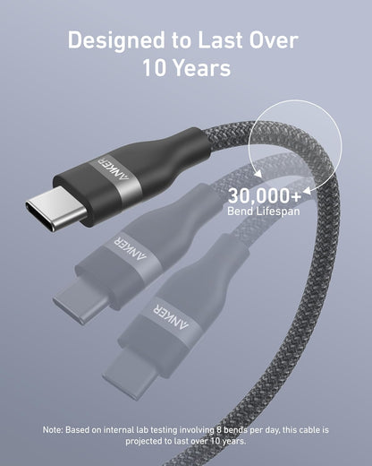 Anker USB-C to USB-C Cable (3 ft / 6 ft, 240W, Upcycled-Braided) Anker
