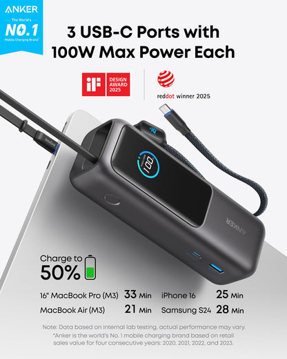 Anker Laptop Power Bank (25K, 165W, Built-In and Retractable Cables) Anker