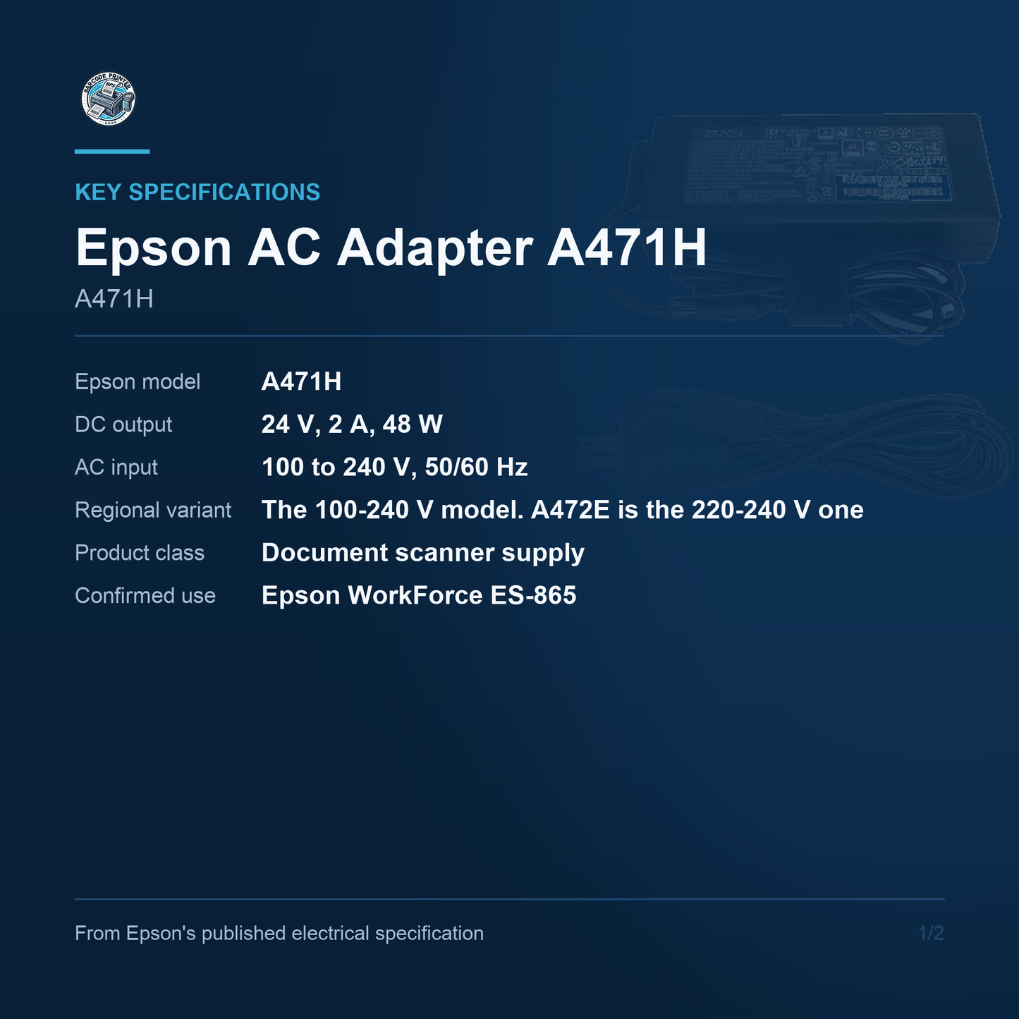 Epson AC Adapter 24V 2A 48W Power Supply for Document Scanners 100-240V Input A471H Barcode Printer Shop