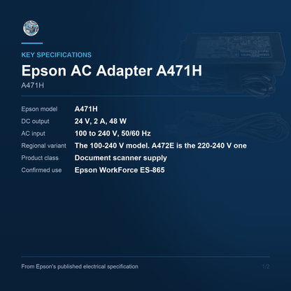 Epson AC Adapter 24V 2A 48W Power Supply for Document Scanners 100-240V Input A471H Barcode Printer Shop