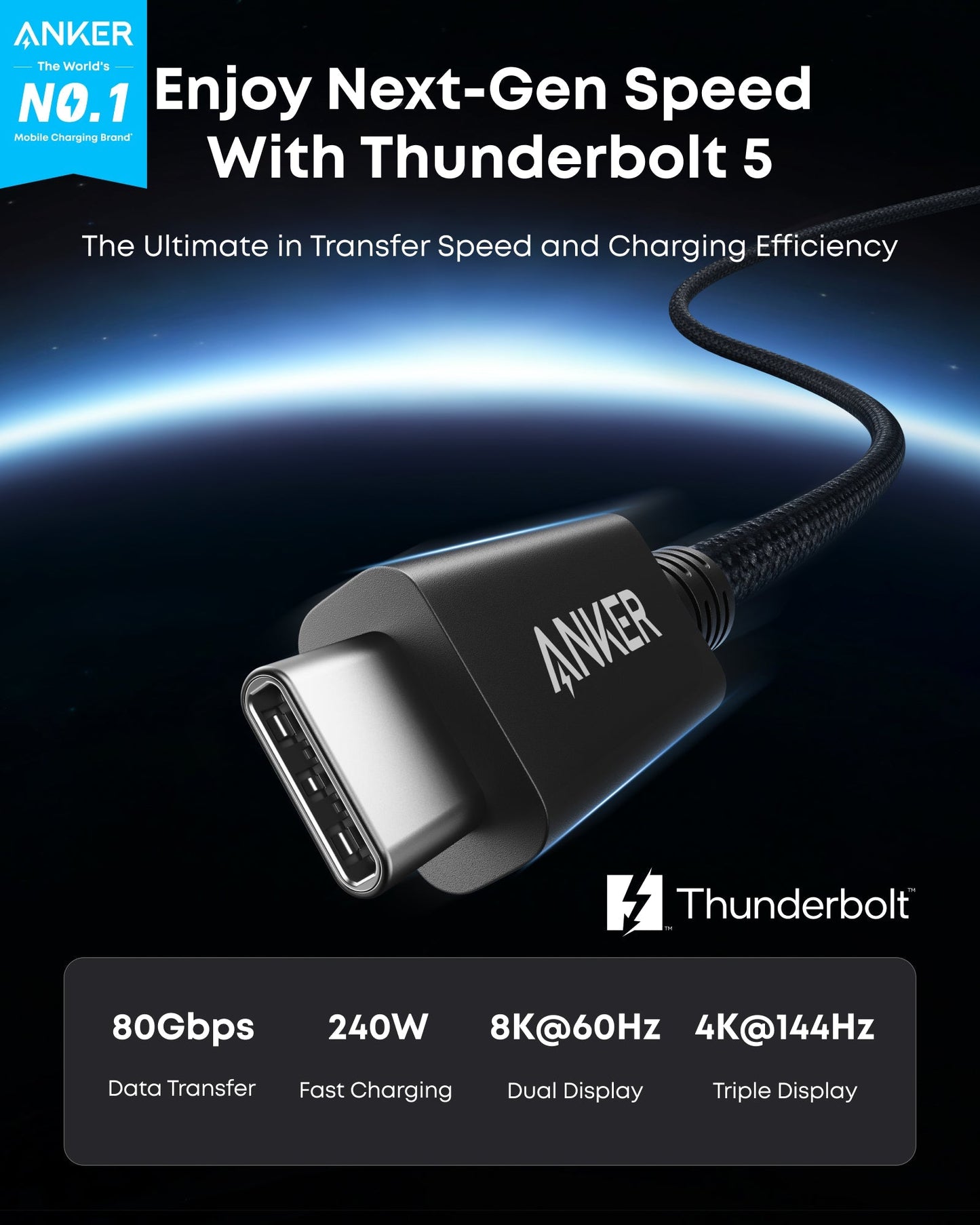 Anker Prime Thunderbolt 5 Cable (3.3 ft / 1.7 ft, 80 Gbps, 240W) Anker