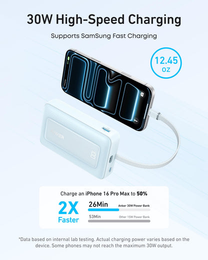 Anker Zolo Power Bank (10K, 30W) with a 5.4-inch (13.7 cm) built-in USB-C cable. Anker