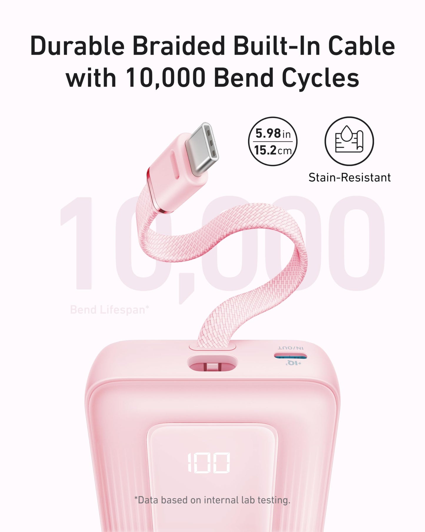 Anker Zolo Power Bank (10K, 30W) with a 5.4-inch (13.7 cm) built-in USB-C cable. Anker