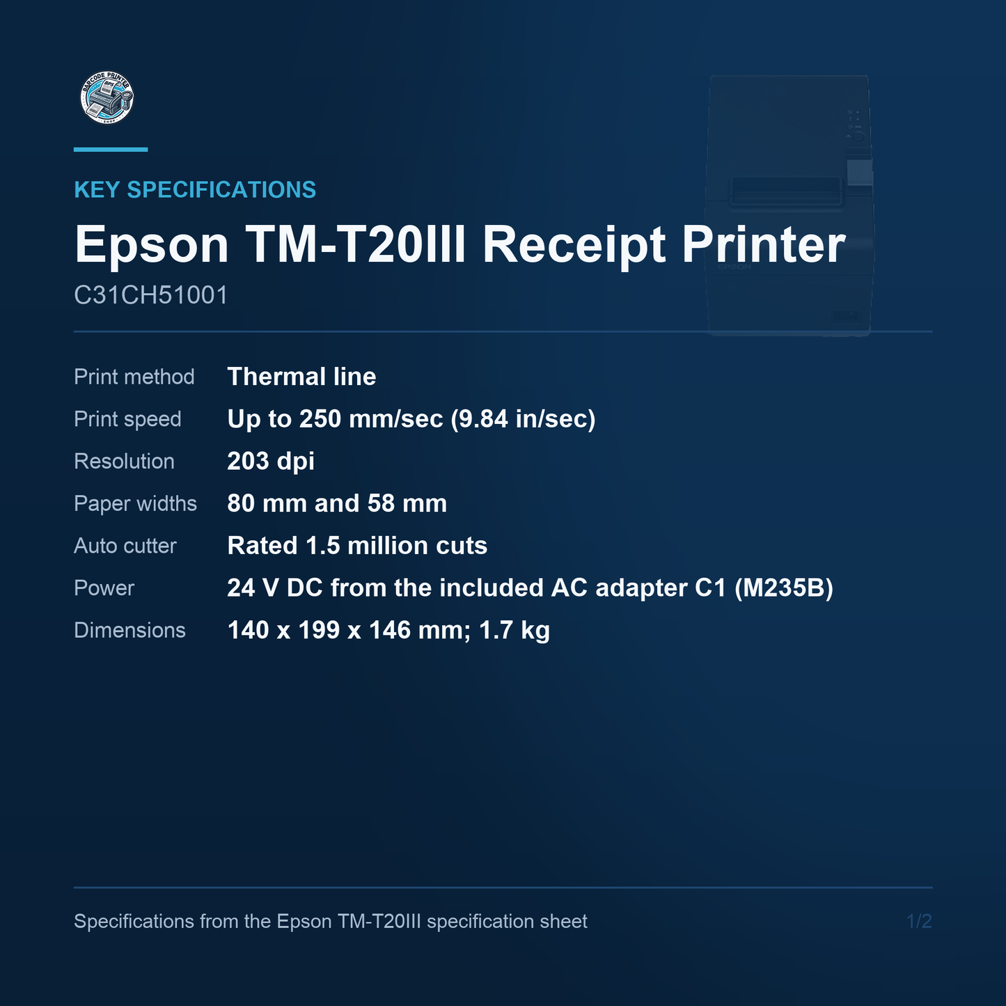 Epson TM-T20III Thermal Receipt Printer 250 mm/sec USB and Serial C31CH51001 Barcode Printer Shop