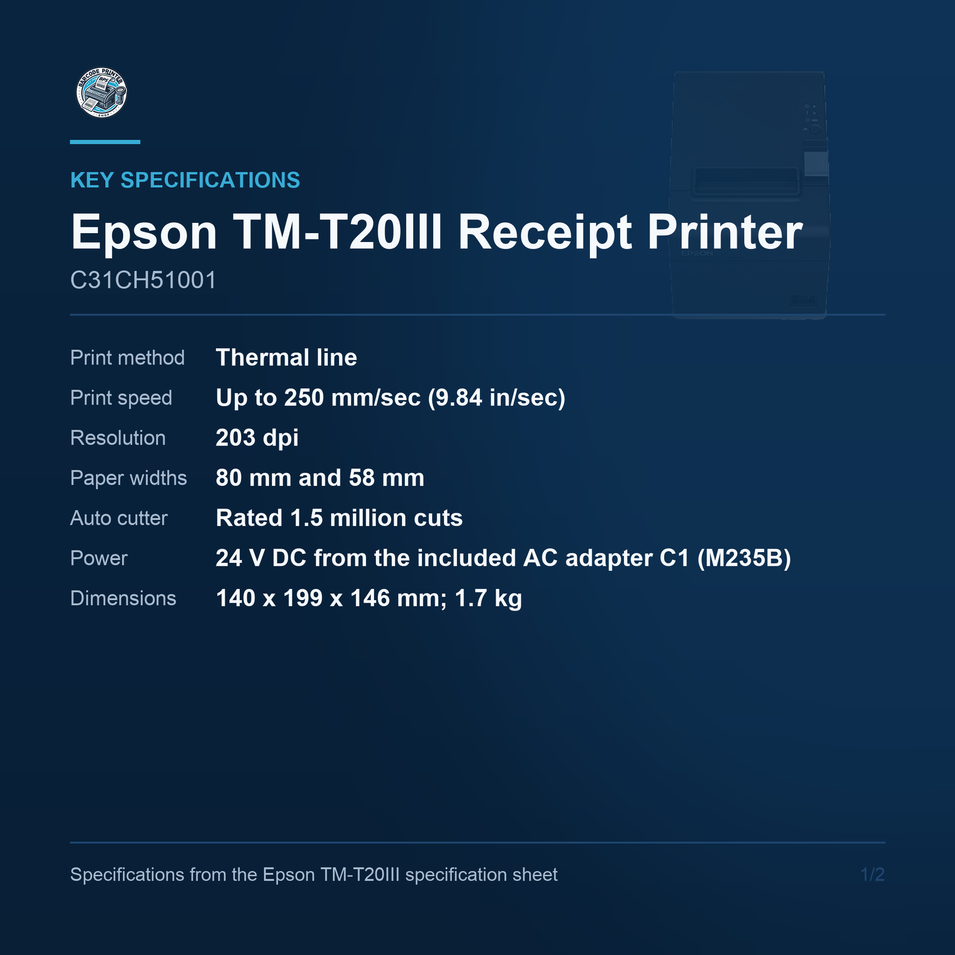 Epson TM-T20III Thermal Receipt Printer 250 mm/sec USB and Serial C31CH51001 Barcode Printer Shop