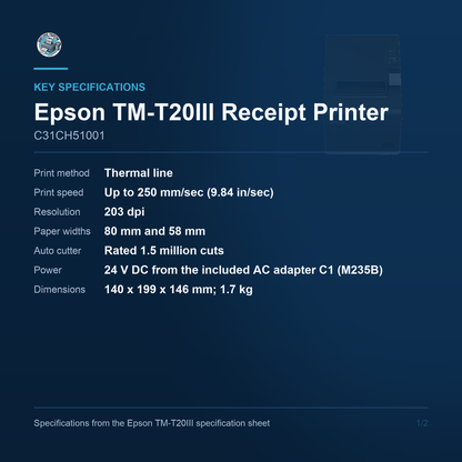 Epson TM-T20III Thermal Receipt Printer 250 mm/sec USB and Serial C31CH51001 Barcode Printer Shop
