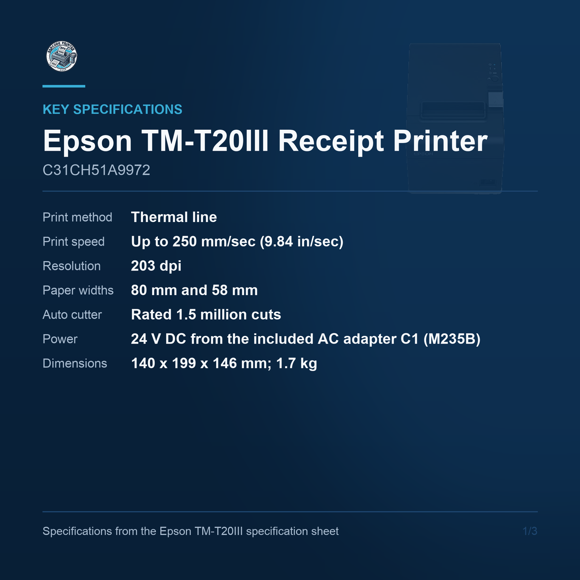 Epson TM-T20III Thermal Receipt Printer 250 mm/sec USB and Ethernet C31CH51A9972 Barcode Printer Shop