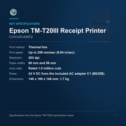 Epson TM-T20III Thermal Receipt Printer 250 mm/sec USB and Ethernet C31CH51A9972 Barcode Printer Shop