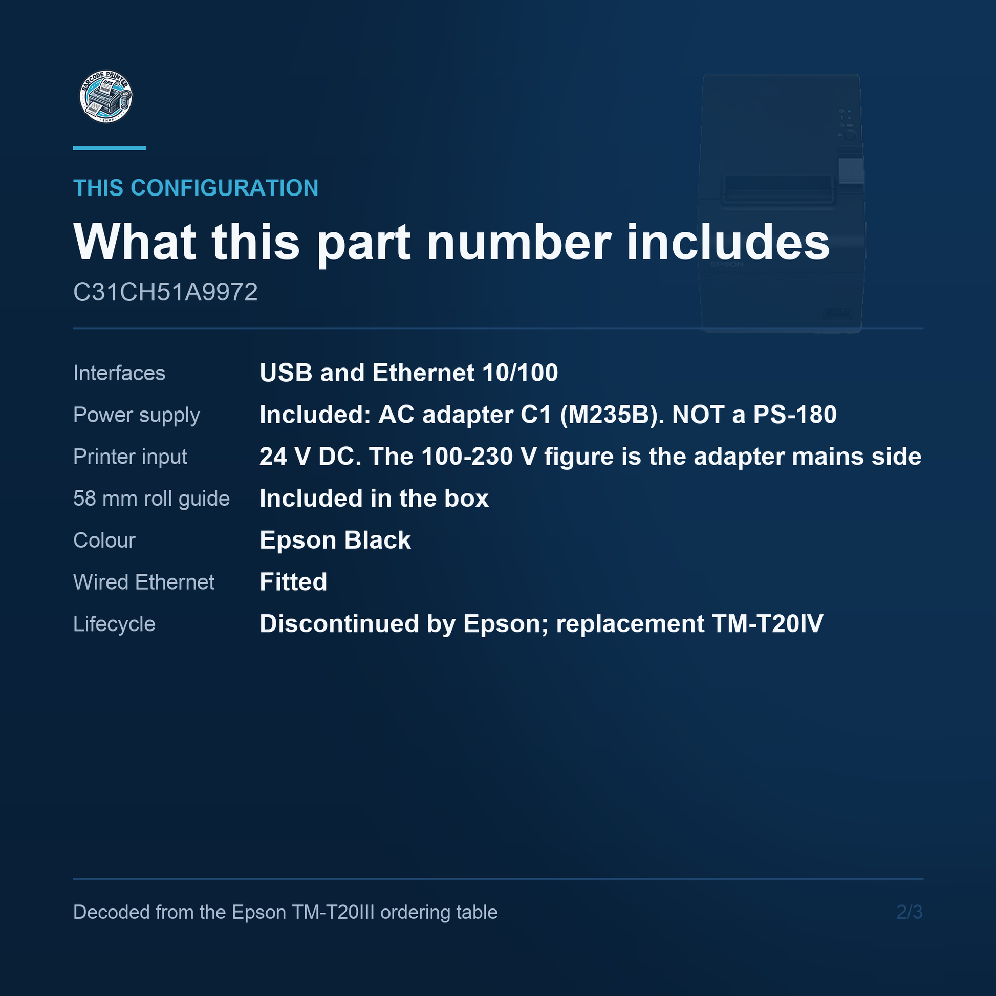 Epson TM-T20III Thermal Receipt Printer 250 mm/sec USB and Ethernet C31CH51A9972 Barcode Printer Shop