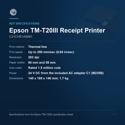 Epson TM-T20III Thermal Receipt Printer 250 mm/sec USB, Ethernet and Wi-Fi C31CH51A9991 Barcode Printer Shop