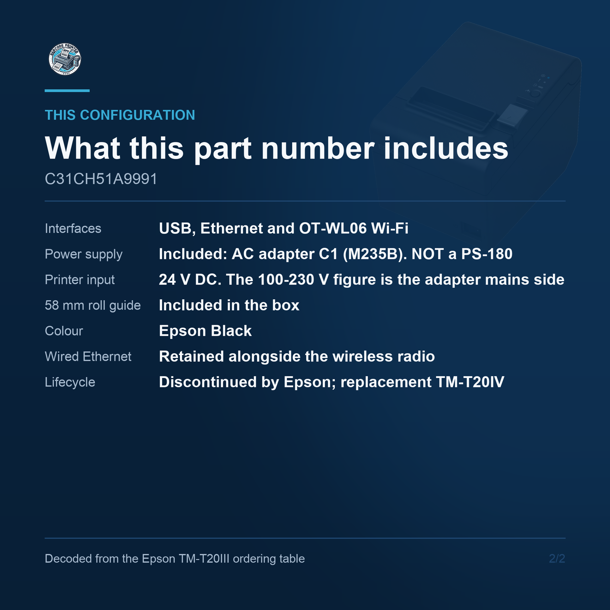 Epson TM-T20III Thermal Receipt Printer 250 mm/sec USB, Ethernet and Wi-Fi C31CH51A9991 Barcode Printer Shop