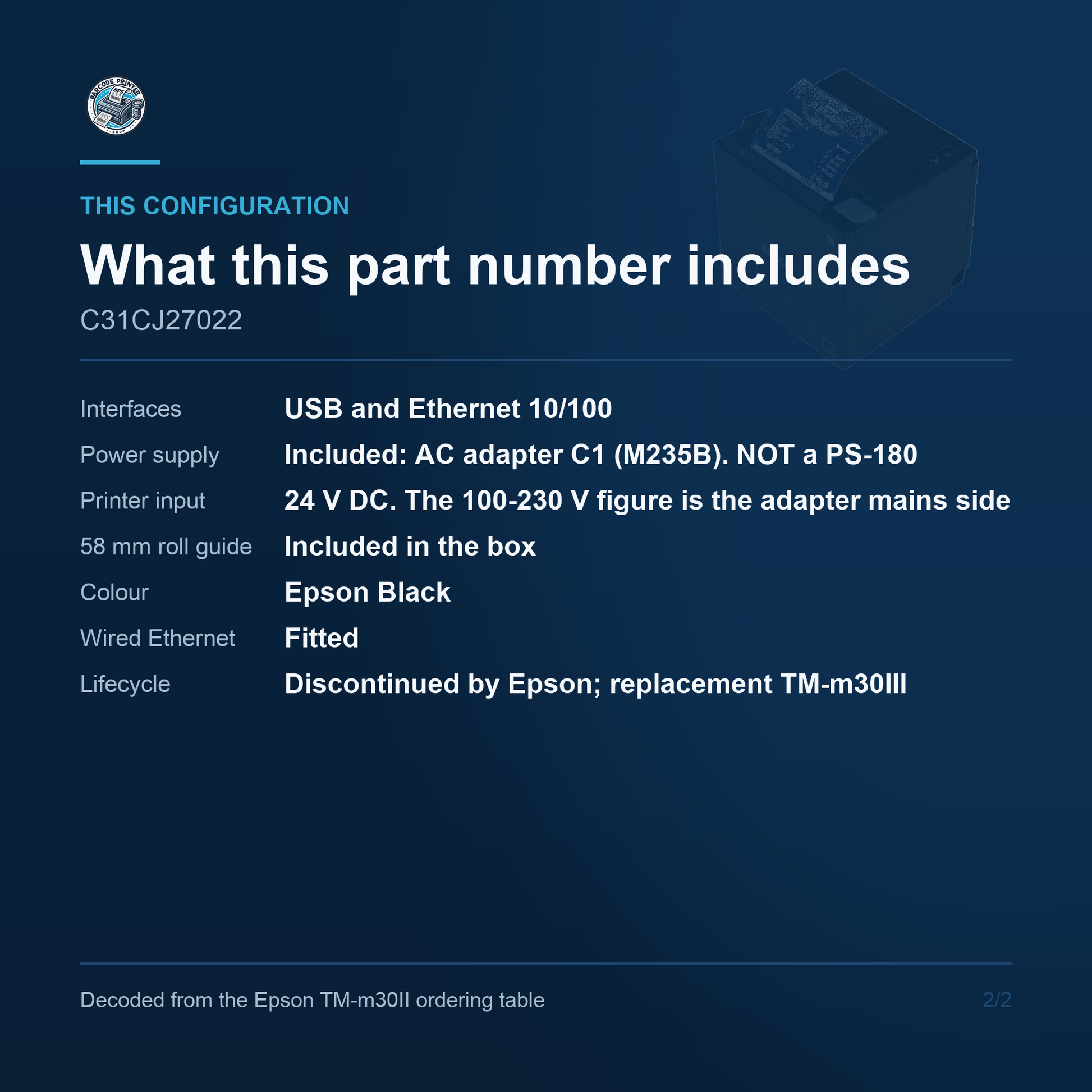 Epson OmniLink TM-m30II Compact Thermal Receipt Printer 250 mm/sec USB and Ethernet C31CJ27022 Barcode Printer Shop