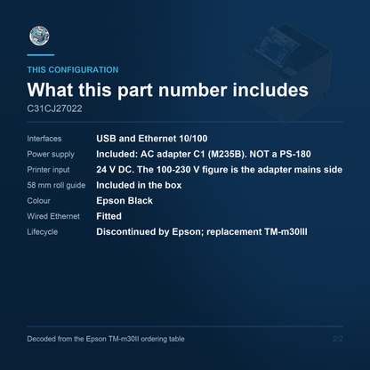 Epson OmniLink TM-m30II Compact Thermal Receipt Printer 250 mm/sec USB and Ethernet C31CJ27022 Barcode Printer Shop