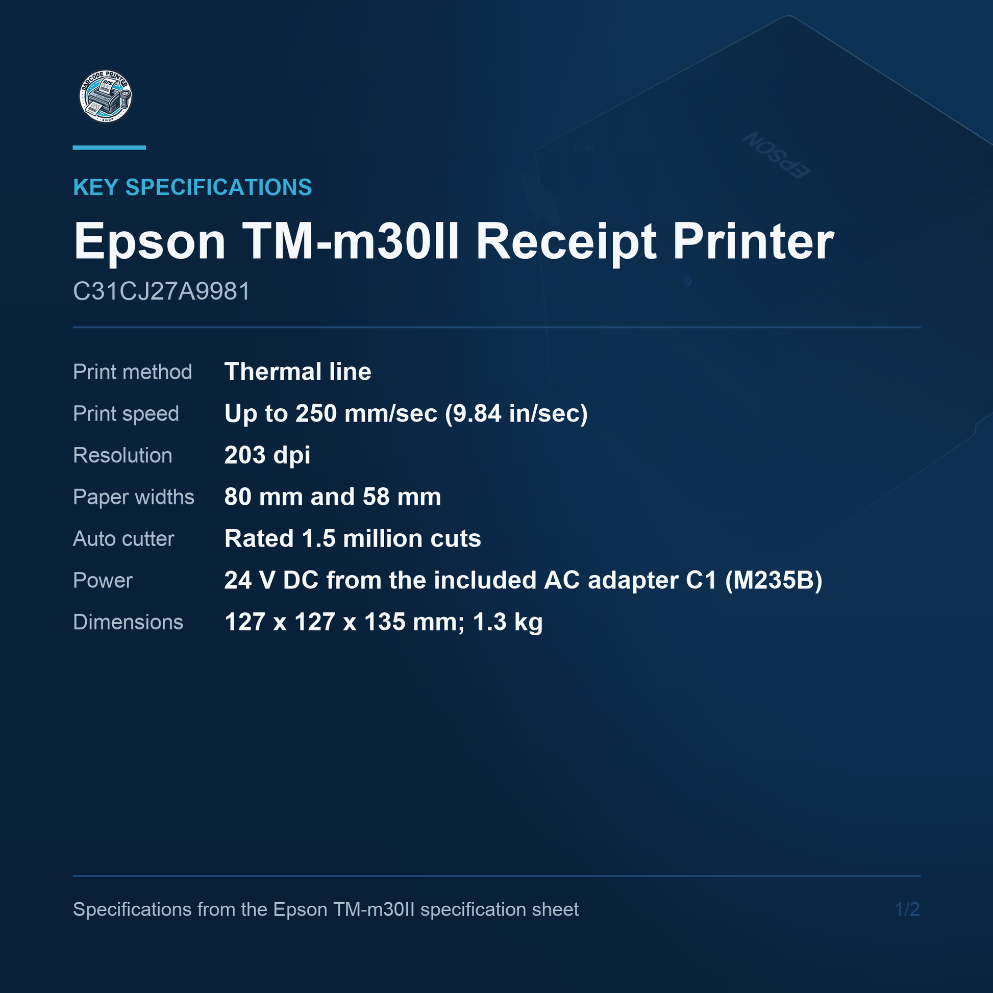 Epson OmniLink TM-m30II Compact Thermal Receipt Printer 250 mm/sec USB, Ethernet and Wi-Fi C31CJ27A9981 Barcode Printer Shop