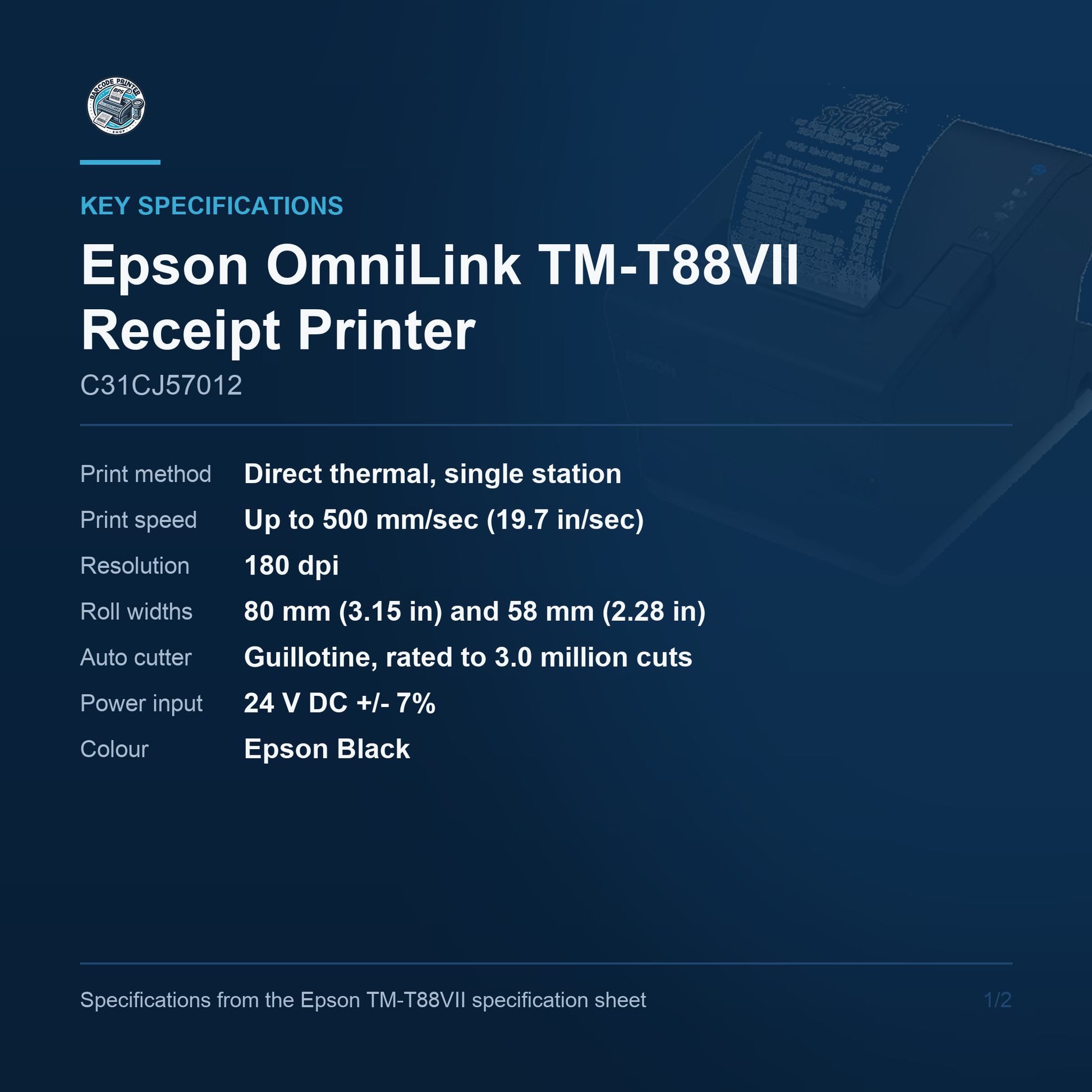 Epson OmniLink TM-T88VII Thermal Receipt Printer 500mm/s USB Ethernet serial C31CJ57012 Barcode Printer Shop