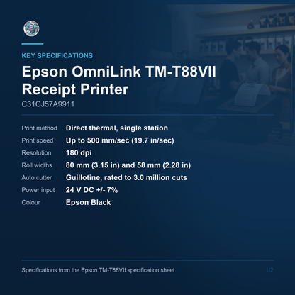Epson OmniLink TM-T88VII Thermal Receipt Printer 500mm/s USB Ethernet serial No Power Supply C31CJ57A9911 Barcode Printer Shop