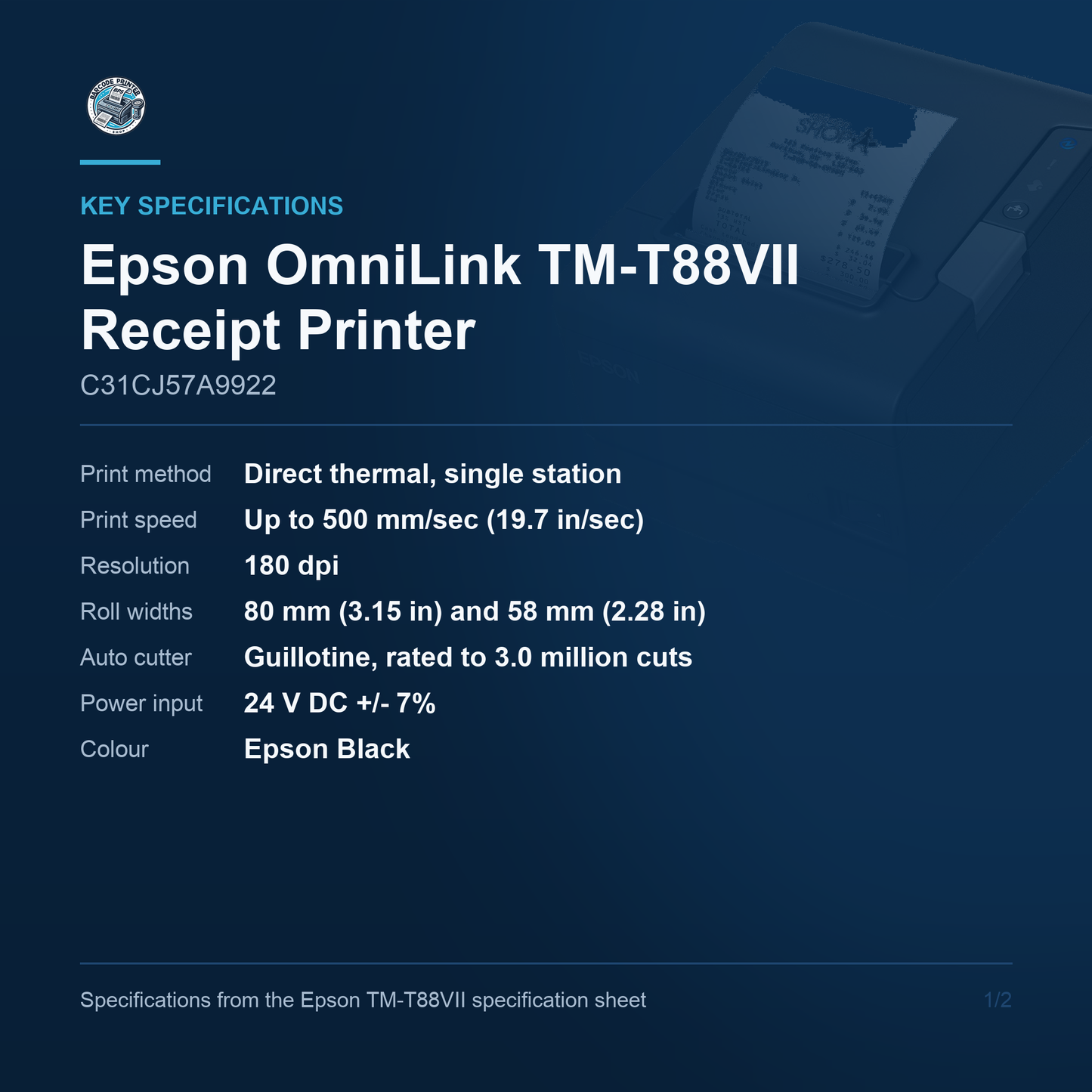 Epson OmniLink TM-T88VII Thermal Receipt Printer 500mm/s USB Ethernet Wi-Fi C31CJ57A9922 Barcode Printer Shop