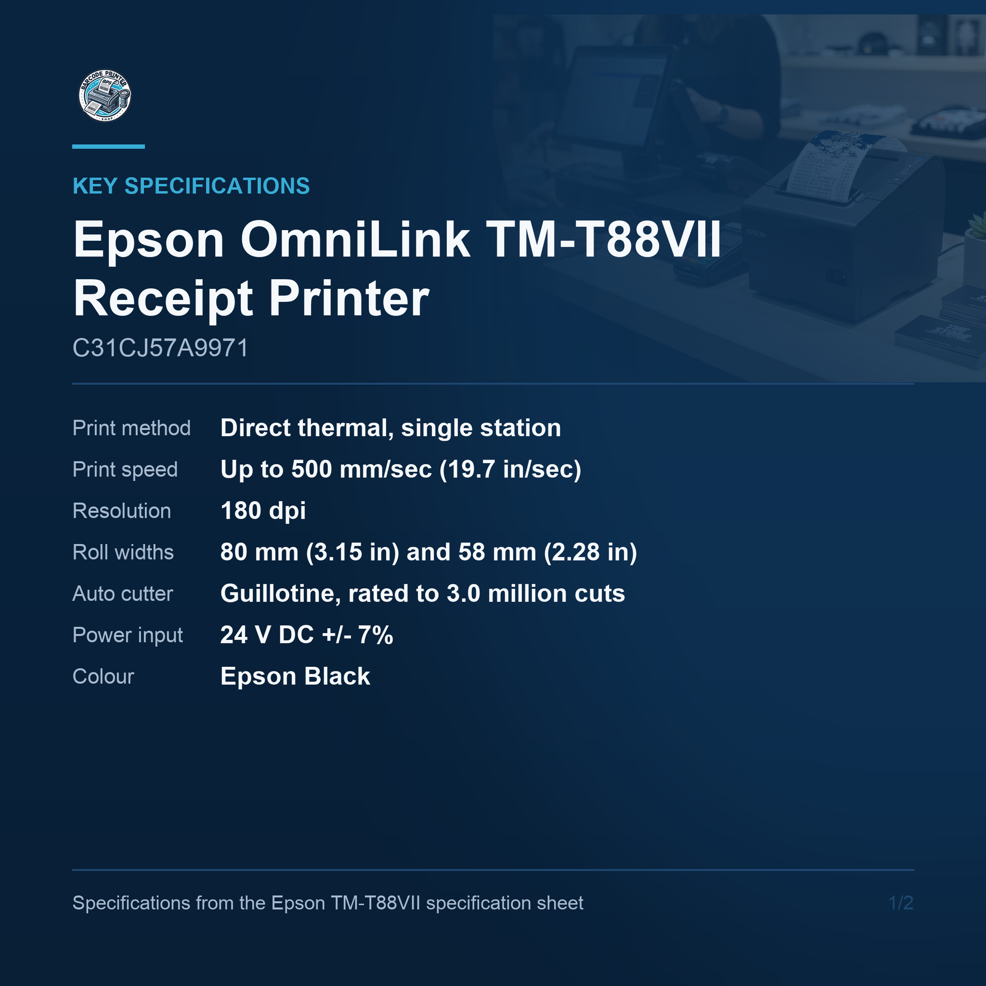 Epson OmniLink TM-T88VII Thermal Receipt Printer 500mm/s USB Ethernet Wi-Fi C31CJ57A9971 Barcode Printer Shop
