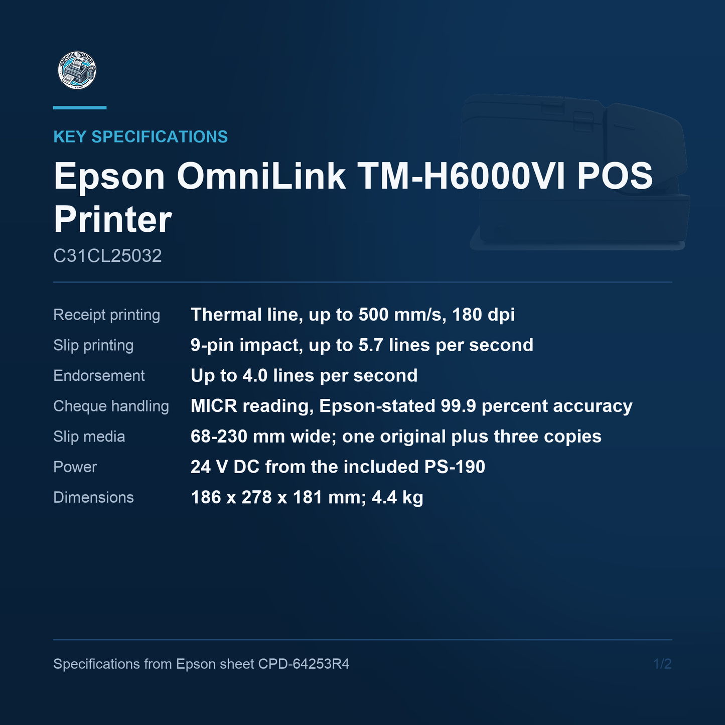 Epson OmniLink TM-H6000VI Multifunction POS Printer Thermal Receipt Slip MICR Endorsement Serial C31CL25032 Barcode Printer Shop