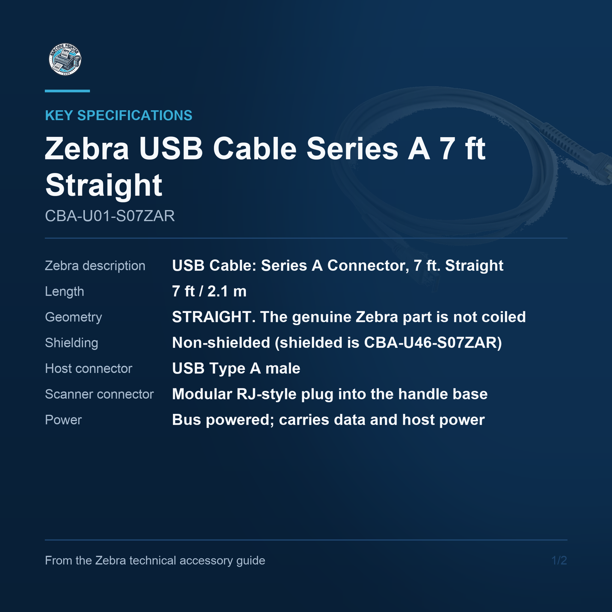 Zebra USB Cable Series A 7 ft Straight for LS2208 and DS Series Corded Scanners CBA-U01-S07ZAR Barcode Printer Shop