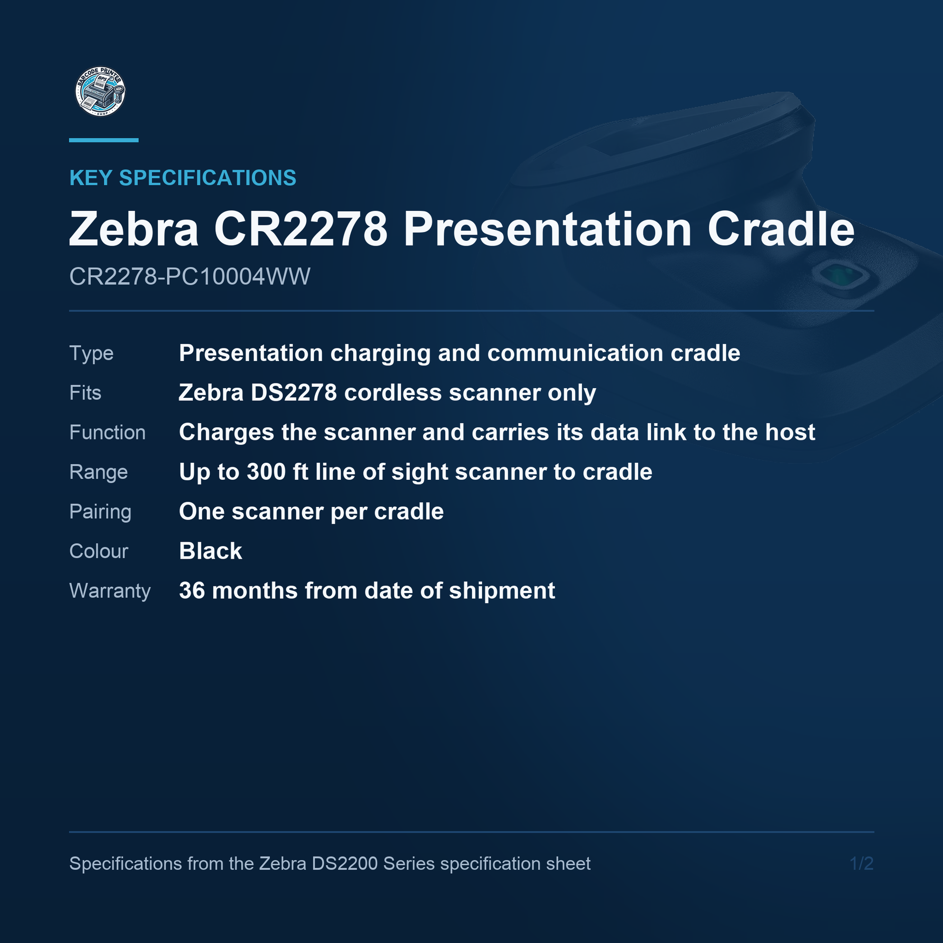 Zebra CR2278 Presentation Charging and Communication Cradle for DS2278 CR2278-PC10004WW Barcode Printer Shop