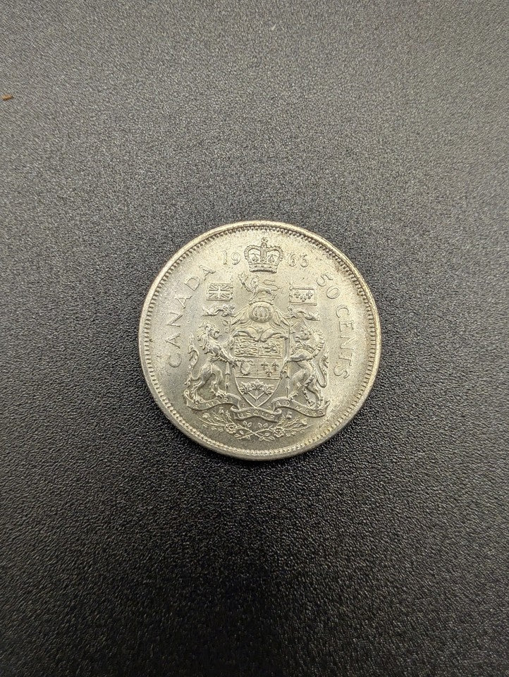 Canada 1966 50 Cents (50C) Silver Coin Queen Elizabeth II / Coat of Arms POS Nerds