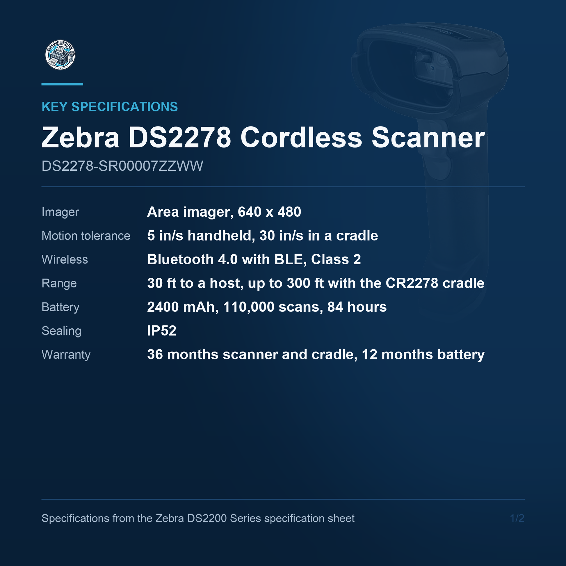 Zebra DS2278 Cordless 1D/2D Barcode Scanner Black Scanner Only DS2278-SR00007ZZWW Barcode Printer Shop