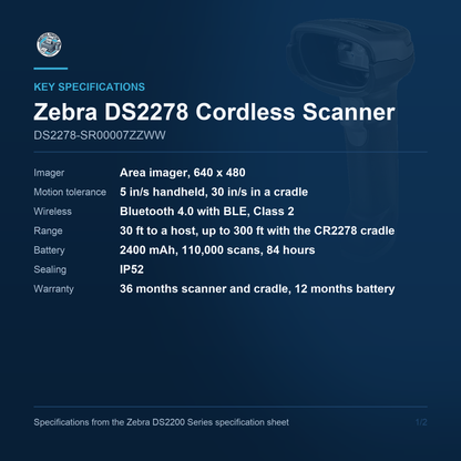 Zebra DS2278 Cordless 1D/2D Barcode Scanner Black Scanner Only DS2278-SR00007ZZWW Barcode Printer Shop