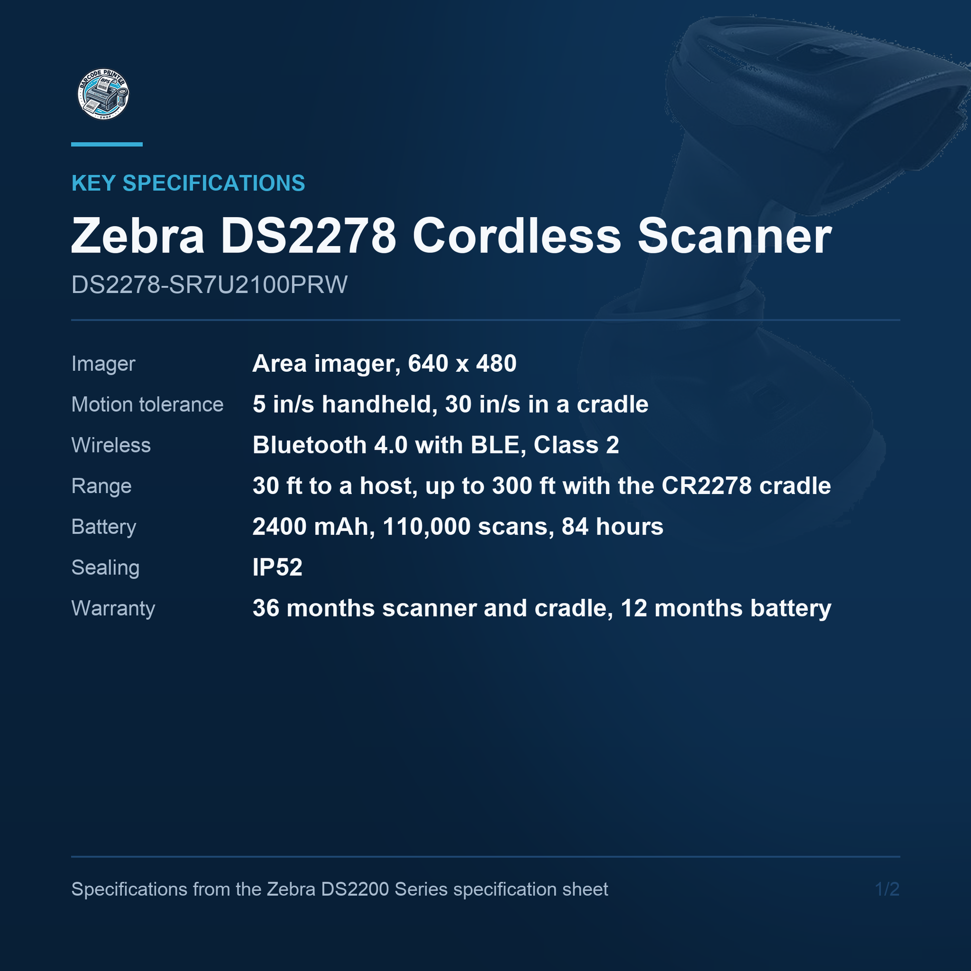 Zebra DS2278 Cordless 1D/2D Barcode Scanner USB Kit with Presentation Cradle DS2278-SR7U2100PRW Barcode Printer Shop