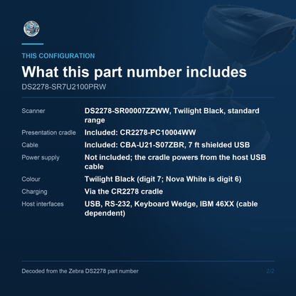 Zebra DS2278 Cordless 1D/2D Barcode Scanner USB Kit with Presentation Cradle DS2278-SR7U2100PRW Barcode Printer Shop