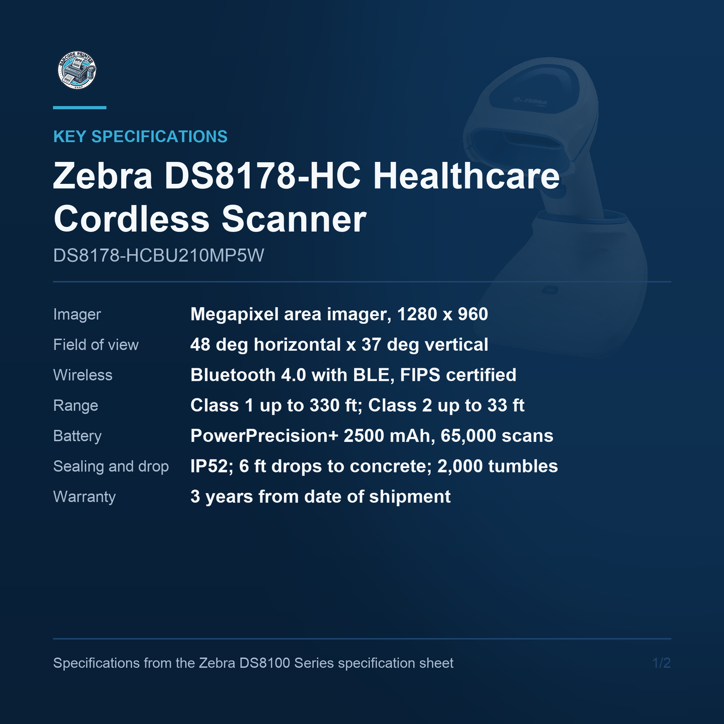 Zebra DS8178-HC Healthcare Cordless 1D/2D Barcode Scanner White USB Kit with Presentation Cradle DS8178-HCBU210MP5W Barcode Printer Shop