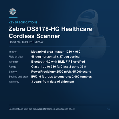 Zebra DS8178-HC Healthcare Cordless 1D/2D Barcode Scanner White USB Kit with Presentation Cradle DS8178-HCBU210MP5W Barcode Printer Shop