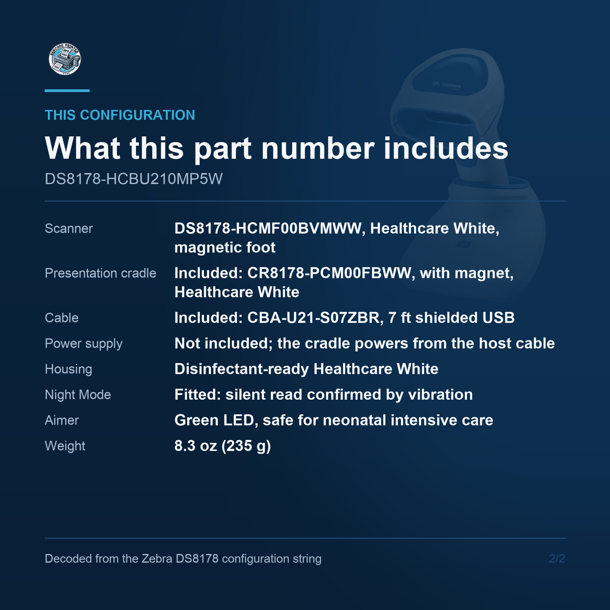 Zebra DS8178-HC Healthcare Cordless 1D/2D Barcode Scanner White USB Kit with Presentation Cradle DS8178-HCBU210MP5W Barcode Printer Shop